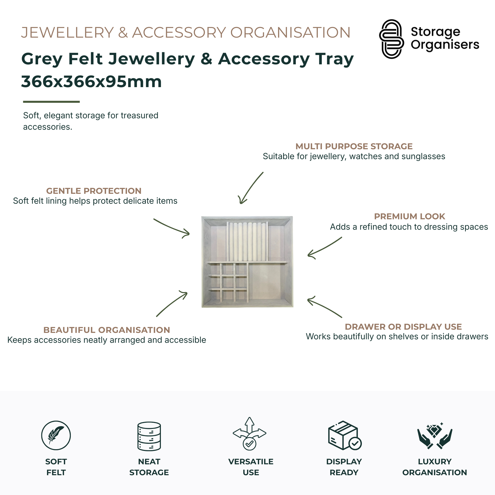 Grey Felt Jewellery & Accessory Tray 366x366x95mm-4